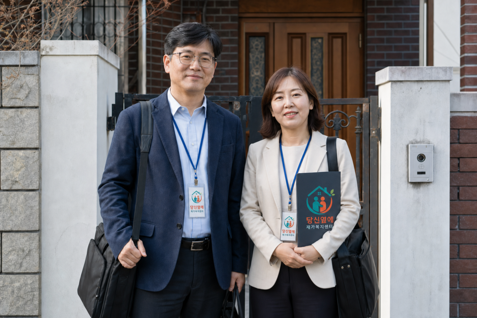 가정집 대문 앞에서 가방을 든 방문 조사 요원