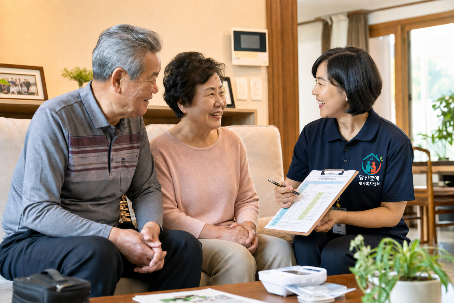 차트를 들고 소파의 어르신과 대화하는 요양보호사